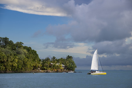 France, French Guiana, Kourou, Salvation Islands (Iles du Salut), Saint Joseph Island, tourists spending the day on a catamaran