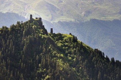 Georgia, Kakheti, Tusheti National Park, Omalo, the fortress of Keselo in Zemo (upper) Omalo served as a refuge for locals in wartime, medieval fortified towers
