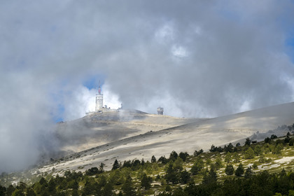 France, Vaucluse, Parc Naturel Regional du Mont Ventoux, Bedoin, the weather station at the summit of Mont Ventoux (1910m) and the southern slope of the mountain