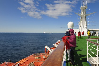 Greenland, Southern Region, cruise ship Princess Danae passing by icebergs of Farvel (Farewell) Cape