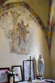 France, Cantal, step on the Way of St. James to Santiago de Compostela by Via Arverna, Virargues, Saint-Jean-Baptiste church, the fresco on the miracle attributed to Saint-Jacques of the hanged man anhanged dates from the 16th century
