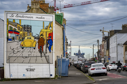 France, Loire-Atlantique, Saint-Nazaire, street in the Méan-Penhoët district overlooking the basin, one of the six frescoes on enamelled metal panels reproducing vignettes from the comic strip album on the very places where the adventures of Tintin take place
