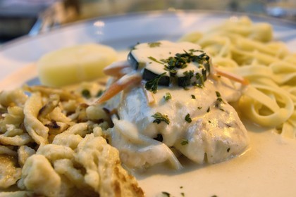 France, Bas Rhin, Strasbourg, old town listed as World Heritage by UNESCO, la Petite France District, la Maison des Tanneurs restaurant, Sandre (pikeperch filet ) in matelote sauce with Spazele