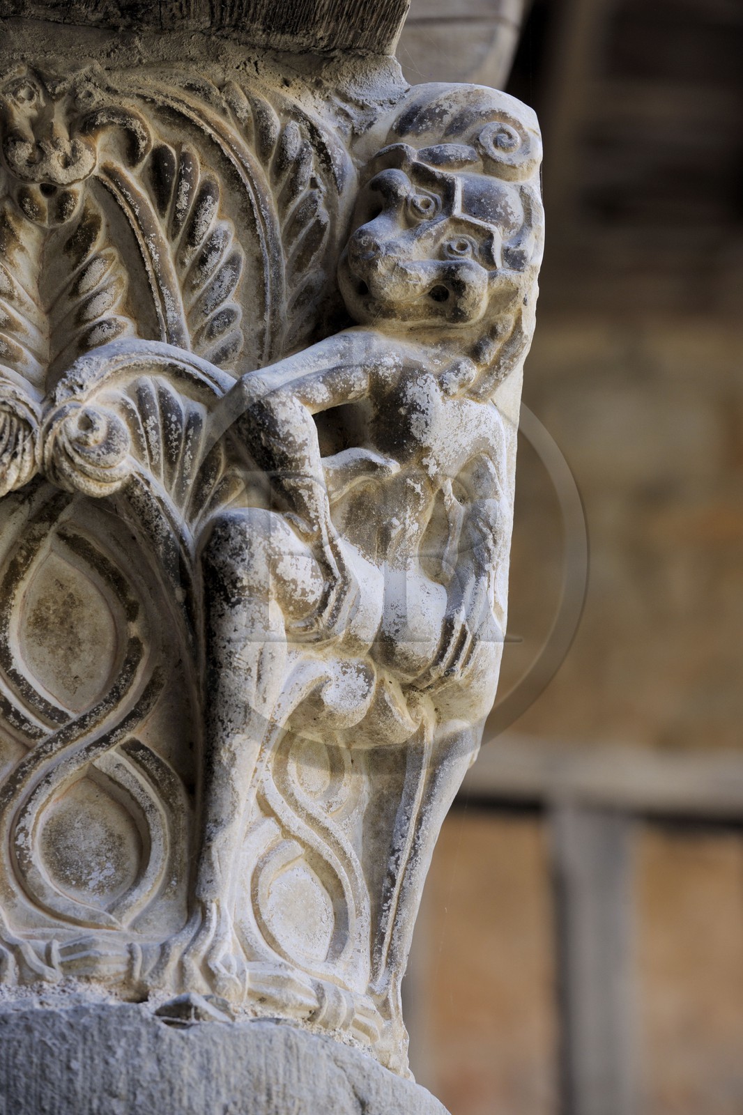 France, Aude (11), village de Lagrasse, labellisé Les Plus Beaux Villages de France, abbaye Sainte-Marie de Lagrasse, chapiteau de la luxure attribué au maître de Cabestany