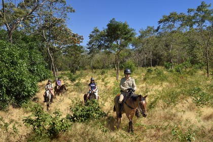 Nicaragua, Ometepe Island in Lake Nicaragua, riders trekking on the slopes of the volcano Maderas