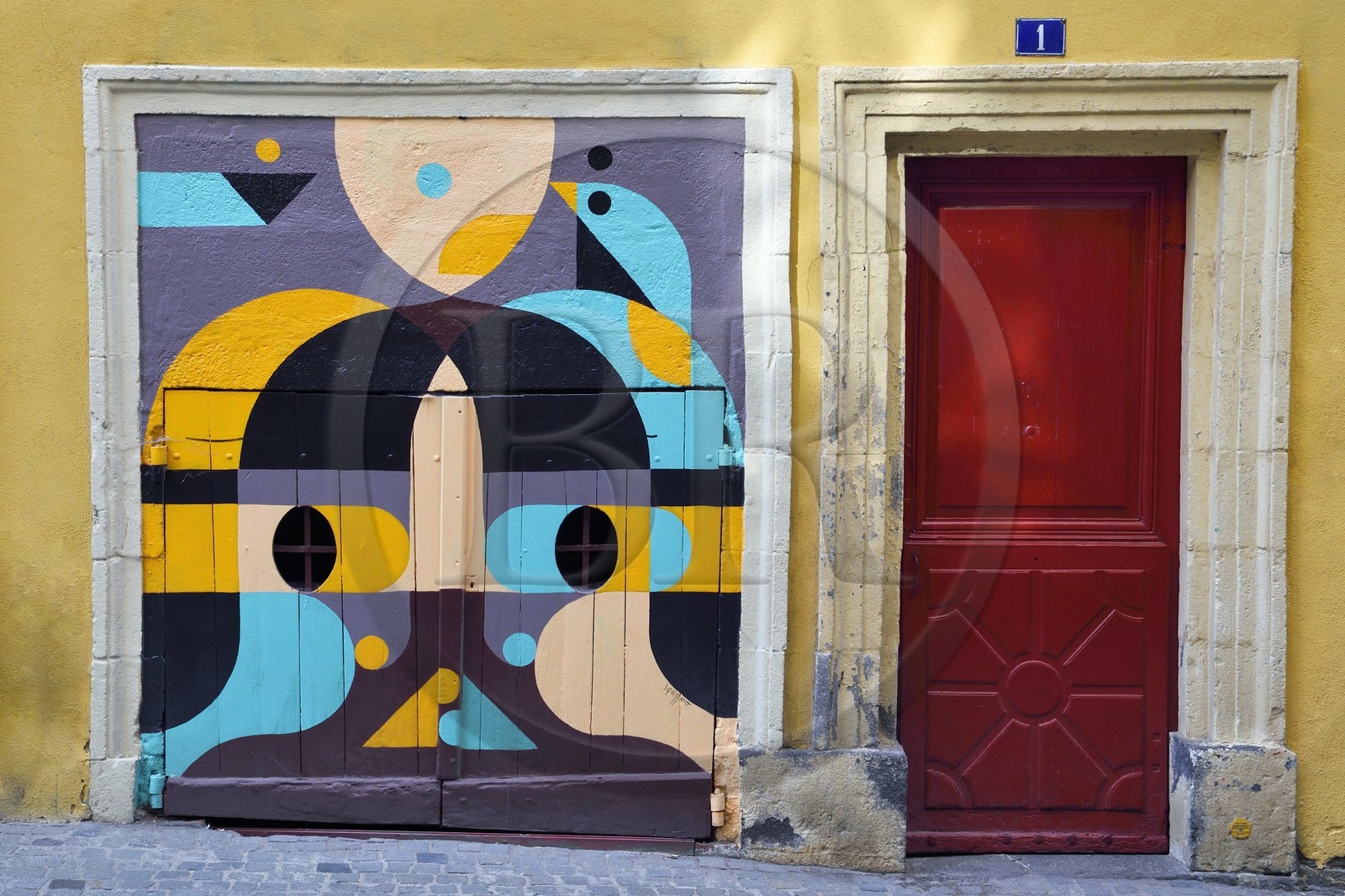 France, Puy-de-Dôme (63), Clermont-Ferrand, street art, porte d'un commerce au rez-de-Chaussée du 1 rue Blaise Pascal