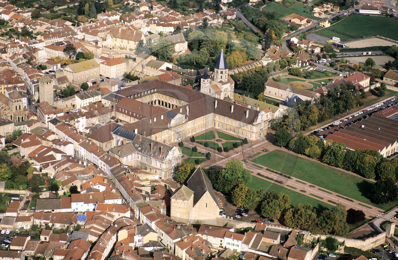 France, Saone et Loire, Maconnais, former abbey of Cluny and the old town (aerial view)