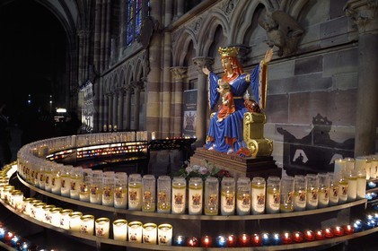 France, Bas Rhin, Strasbourg, old town listed as World Heritage by UNESCO, Notre Dame Cathedral, the Nave, painted wooden statue of the Virgin and Child made in 1946 by Pierre Klein to recall the great promise of the scouts