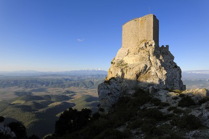 France, Aude (11), Pays Cathare, le château de Quéribus, devant la plaine de Maury et le Mont Canigou (2784 m) dominant la chaine des Pyrénées