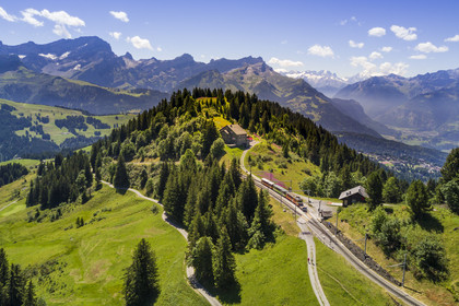 Switzerland, Canton of Vaud, Villars-sur-Ollon, train to the Bretaye pass station at the Bouquetins station and Mont-Blanc in the background (aerial view)