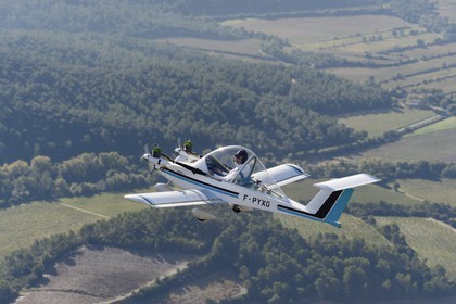 France, Var, Massif des Maures, Colomban Cri-cri (English: the chirp-chirp sound made by a cricket) is the smallest twin-engined manned aircraft in the world designed in the early 1970s by French aeronautical engineer Michel Colomban (aerial view)