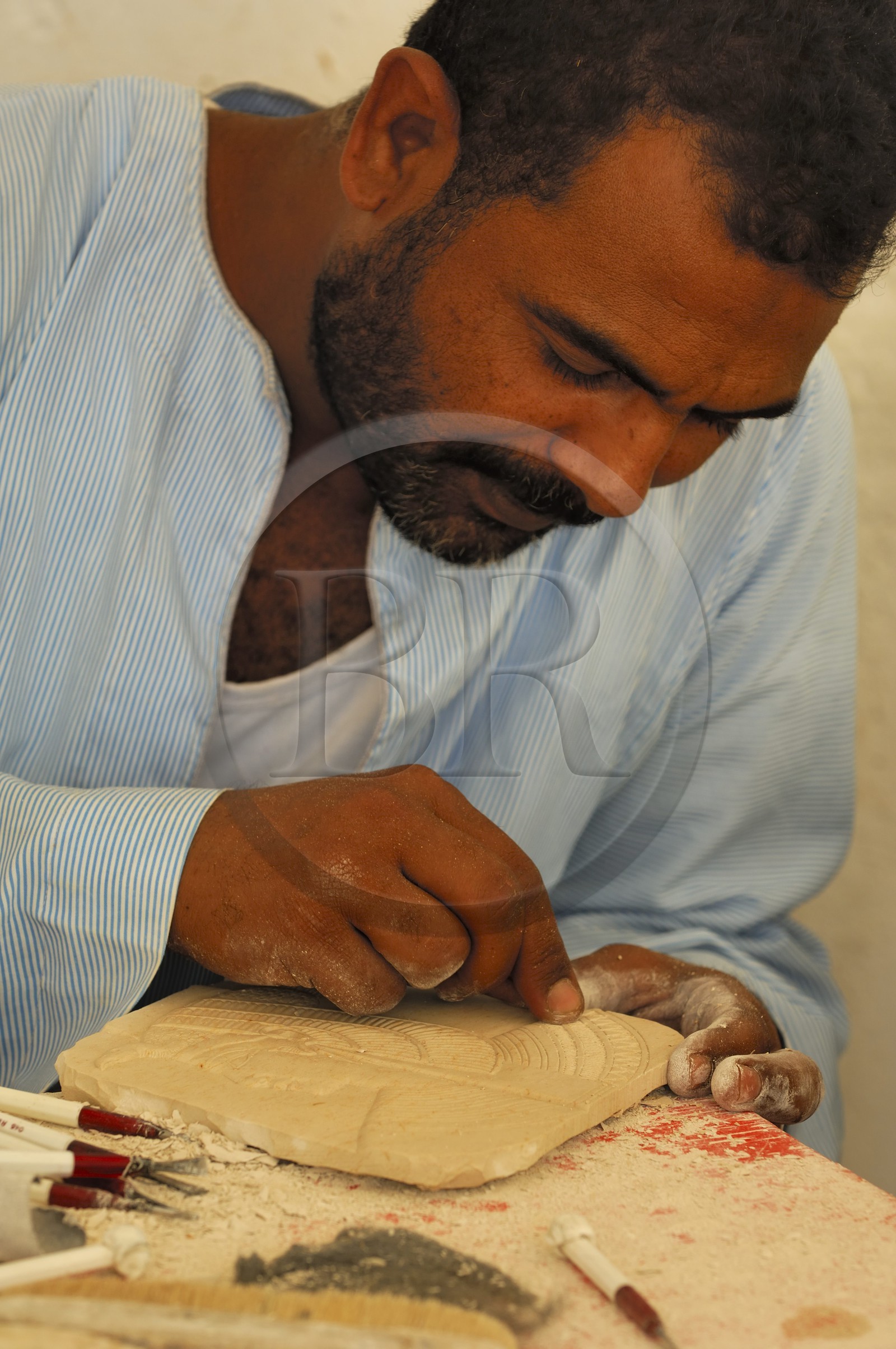 Egypt, Upper Egypt, Nile Valley, surroundings of Luxor, West bank, Thebes Necropolis, village of Gournah, sculptors workshop