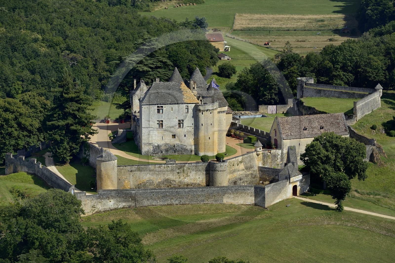 France, Dordogne (24), Périgord Noir, vallée de la Dordogne, Sainte-Mondane, le chateau de Fénelon (vue aérienne)