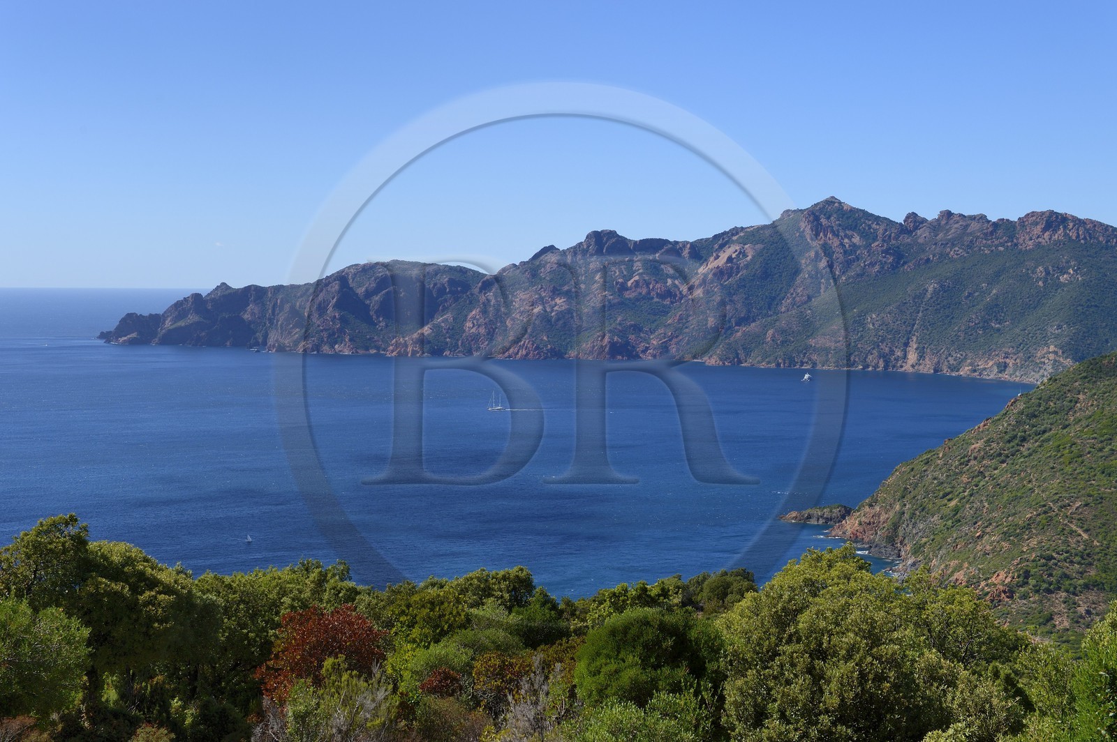 France, Corse-du-Sud (2A), Golfe de Girolata, classé Patrimoine Mondial de l'UNESCO, et la Réserve naturelle de la presqu'île de Scandola en arrière plan