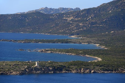 France, Corse du Sud, Monacia-d'Aullene, Olmeto genoese tower (aerial view)