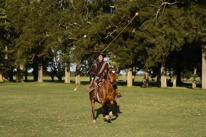 Argentina, Buenos Aires Province, San Antonio de Areco, estancia La Bamba de Areco, gaucho demonstrating the use of bolas (or boleadoras) designed to capture animals by interfering with their feet
