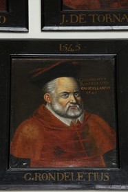 France, Hérault (34), Montpellier, centre historique, faculté de médecine, antichambre de la salle du Conseil, le vestiaire des professeurs, portrait de Guillaume Rondelet ami de Rabelais en 1545