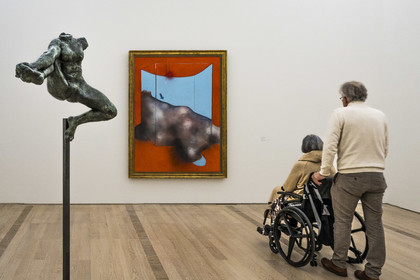 Switzerland, Basel, Riehen, Beyeler Foundation, Iris, messenger of the gods (flying figure) (1890-1891) sculpture by Auguste Rodin and Sand Dune (1983) by Francis Bacon