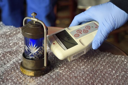 France, Bas-Rhin, Schiltigheim, intervention of engineers from the National Agency for the Management of Radioactive Waste (Andra) in a private home to remove radioactivity from a rare model of a century-old radium fountain, survey meter which measures X, beta and gamma radiation