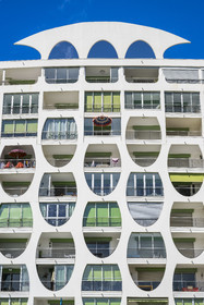 France, Herault, La Grande-Motte, labeled 20th century heritage, Couchant (setting sun) district west of the port, Le Poseidon building by architects Gilles and Jean Balladur, belonging to the so called bishops bonnet female architectural style