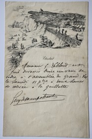 France, Seine-Maritime (76), Pays de Caux, Côte d'Albâtre, Etretat, la maison de Guy de Maupassant appelée La Guillette, invitation à une fête à La Guillette vers 1886 écrite et signée par l'écrivain