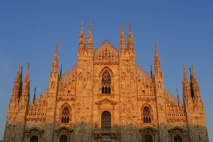 Italy, Lombardy, Milan, the Duomo in the historical center, cathedral in Gothic Flamboyant style at sunset