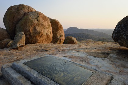 Zimbabwe, Matabeleland South Province, Matobo or Matopos Hills National Park, listed as World Heritage by UNESCO, rock formation on Malindidzimu hill (house of the goodwill spirits) at the summit of View of the World where Cecil Rhodes is buried, his grave