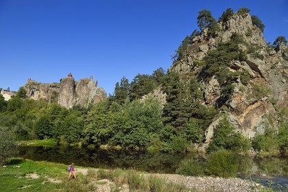 France, Haute Loire, Loire river Valley, Arlempdes, labelized the Most Beautiful Villages of France, ruins of the castle perched on a basalt rock (volcanic dyke) overlooking a Loire river meander that follows a hiker