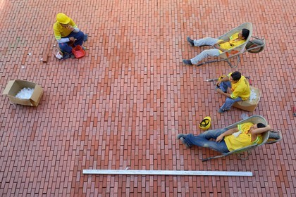 Panama, Panama City, historic town listed as World Heritage by UNESCO, Casco Antiguo (Viejo), paving works and resting