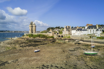 France, Ille et Vilaine, Cote d'Emeraude (Emerald Coast), Saint Malo, Saint-Servan district, the port and the Solidor Tower built in 1382, Cap-Hornier Long-Course International Museum (aerial view)