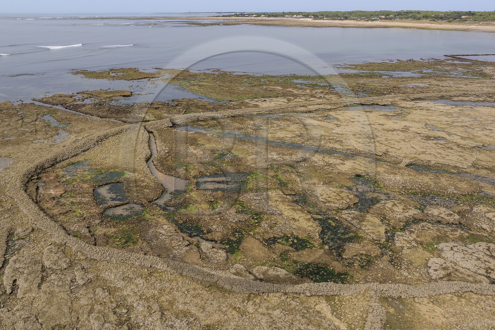 France, Charente-Maritime (17), Ile d'Oléron, Saint-Georges-d'Oléron, plage des Sables Vignier à marée basse, l'écluse à poissons des Basses (vue aérienne)