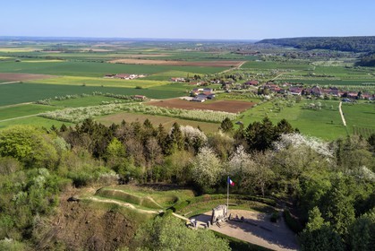 France, Meuse, Lorraine Regional Park, Cotes de Meuse, Les Eparges, traces of fighting of one of the bloodiest battles of the First World War, shell holes and point X Monument in memory of  Those who have no grave (aerial view)
