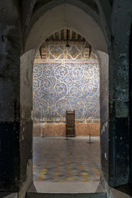 France, Vaucluse (84), Avignon, Palais des Papes classé Patrimoine mondial de l'UNESCO, la tour des Anges ou tour du pape, chambre du Pape, un espace végétal à deux dimensions fait de rinceaux de vigne et de chêne, parsemés d’oiseaux et d’écureuils, orne les murs sur un fond bleu ciel