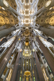 Espagne, Catalogne, Barcelone, quartier de l'Eixample, basilique de la Sagrada Familia de l'architecte du modernisme catalan Antoni Gaudi classée Patrimoine Mondial de l'UNESCO, le chœur, le ciborium, la coupole et la voute de la Nef en haut