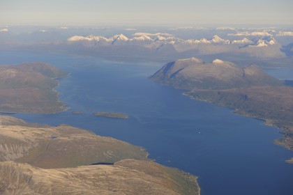 Norway, Troms County, Fjord North of Tromso (aerial view)
