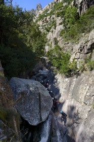 France, Corse du Sud, Alta Rocca, Bavella, canyoning in the stream of Polischellu