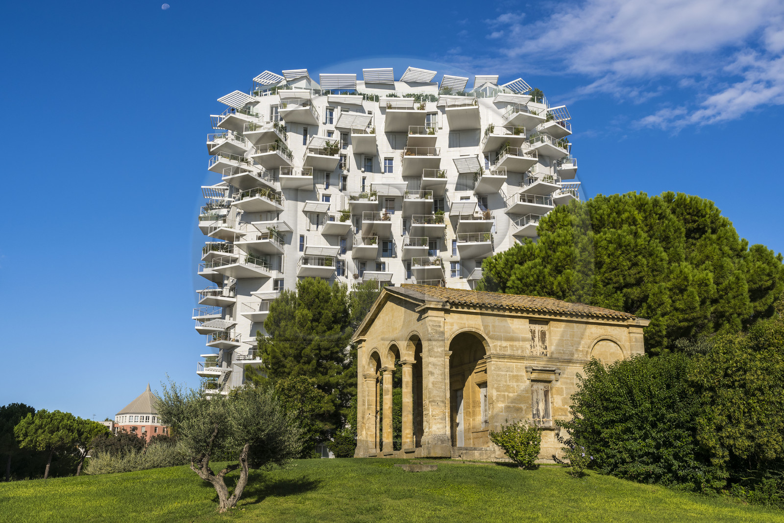 France, Herault, Montpellier, Richter district, the banks of the Lez river, L'Arbre Blanc, building designed by the Japanese architect Sou Foujimoto and the French architects Nicolas Laisne et Manal Rachdi, Richter's Granting desk in the foreground