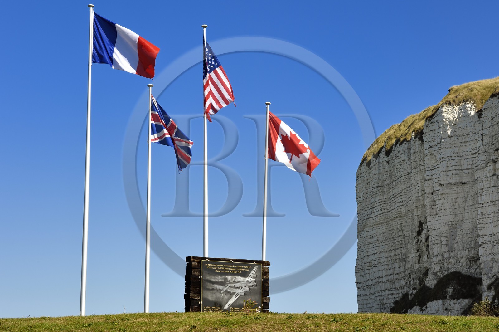 France, Seine-Maritime, Cote d'Albatre (Alabaster Coast), Pays de Caux, Veulettes sur Mer, commemorative stele of the bomber B17 shot during the Second World War
