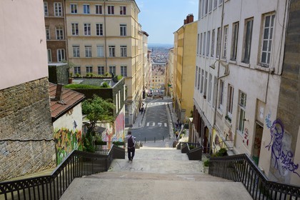 France, Rhone, Lyon, historical site listed as World Heritage by UNESCO, La Croix Rousse District, stairs from the rue Pouteau