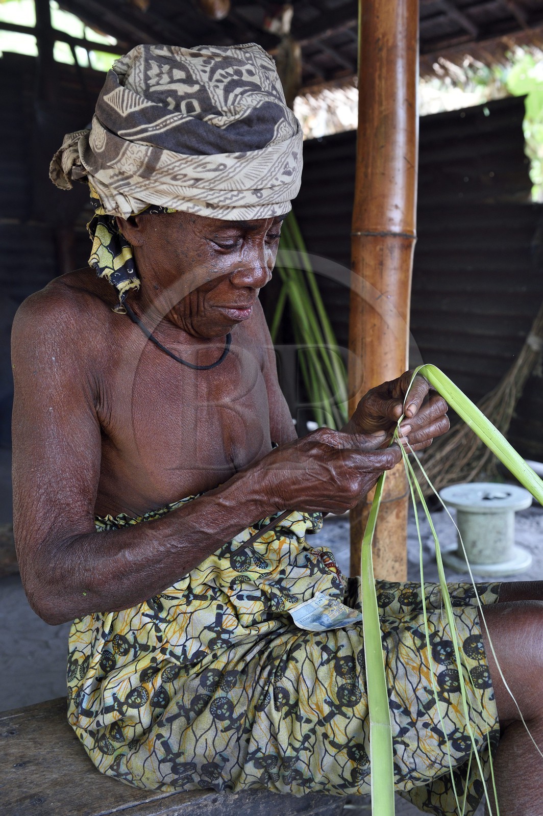 Gabon, province de Ogooué- Maritime, région de Omboué, Nengeue Sika (ile d’argent) dans la lagune Fernan Vaz (Nkomi), vieille femme préparant une tresse