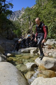France, Corse du Sud, Alta Rocca, Bavella, canyoning in the stream of Polischellu