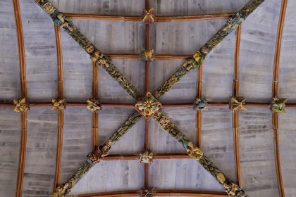 France, Finistère (29), église de Pleyben, sculptures peintes en bois sur la sablière décorant la voûte (16ème siècle)