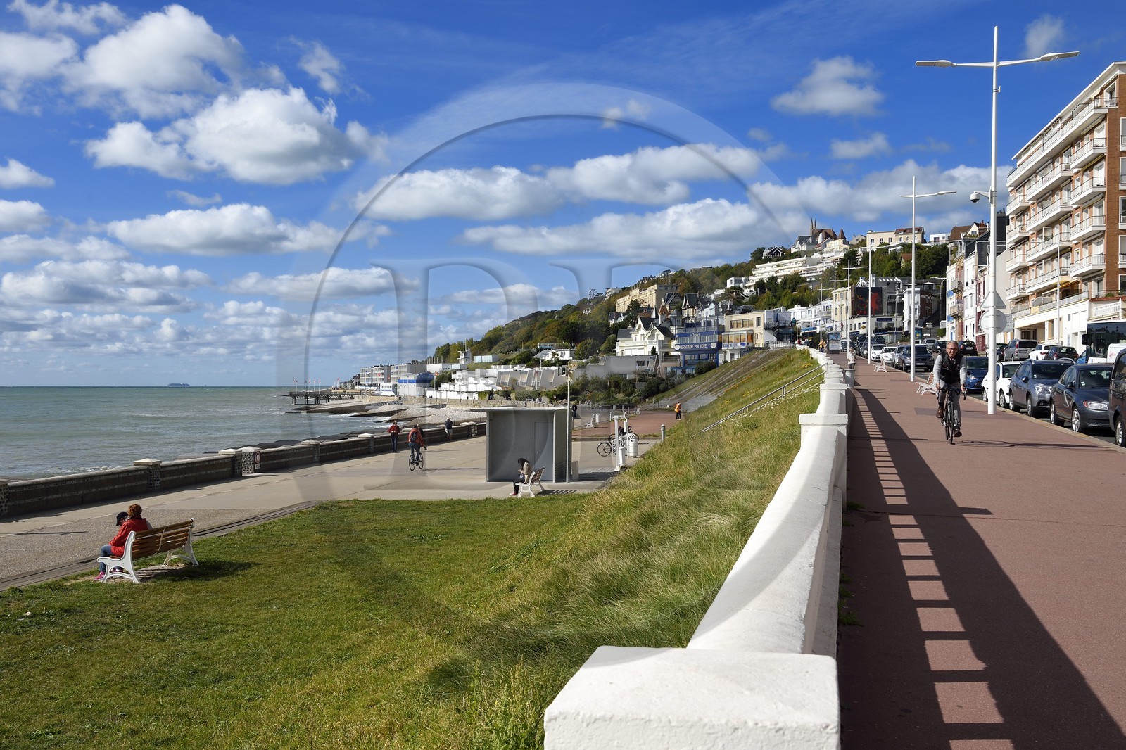 France, Seine Maritime, Le Havre, Boulevard Albert 1er along the beach and the hill of Sainte Adresse in background