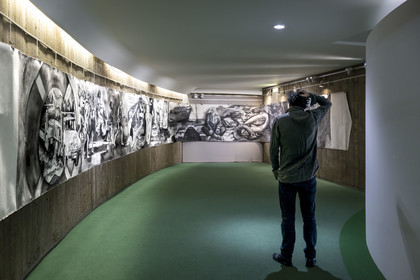 France, Paris, Place du Colonel Fabien, the Parti Communiste (French Communist Party) building by architect Oscar Niemeyer, opening of the Odyssey exhibition by artist Fred Kleinberg at Espace Niemeyer