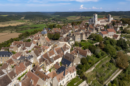 France, Yonne, regional natural park of Morvan, Vézelay, a UNESCO World Heritage site, labelled Les Plus Beaux Villages de France, starting point of one of the main ways to Santiago de Compostela, the hill and the Basilica of Saint Mary Magdalene (aerial view)