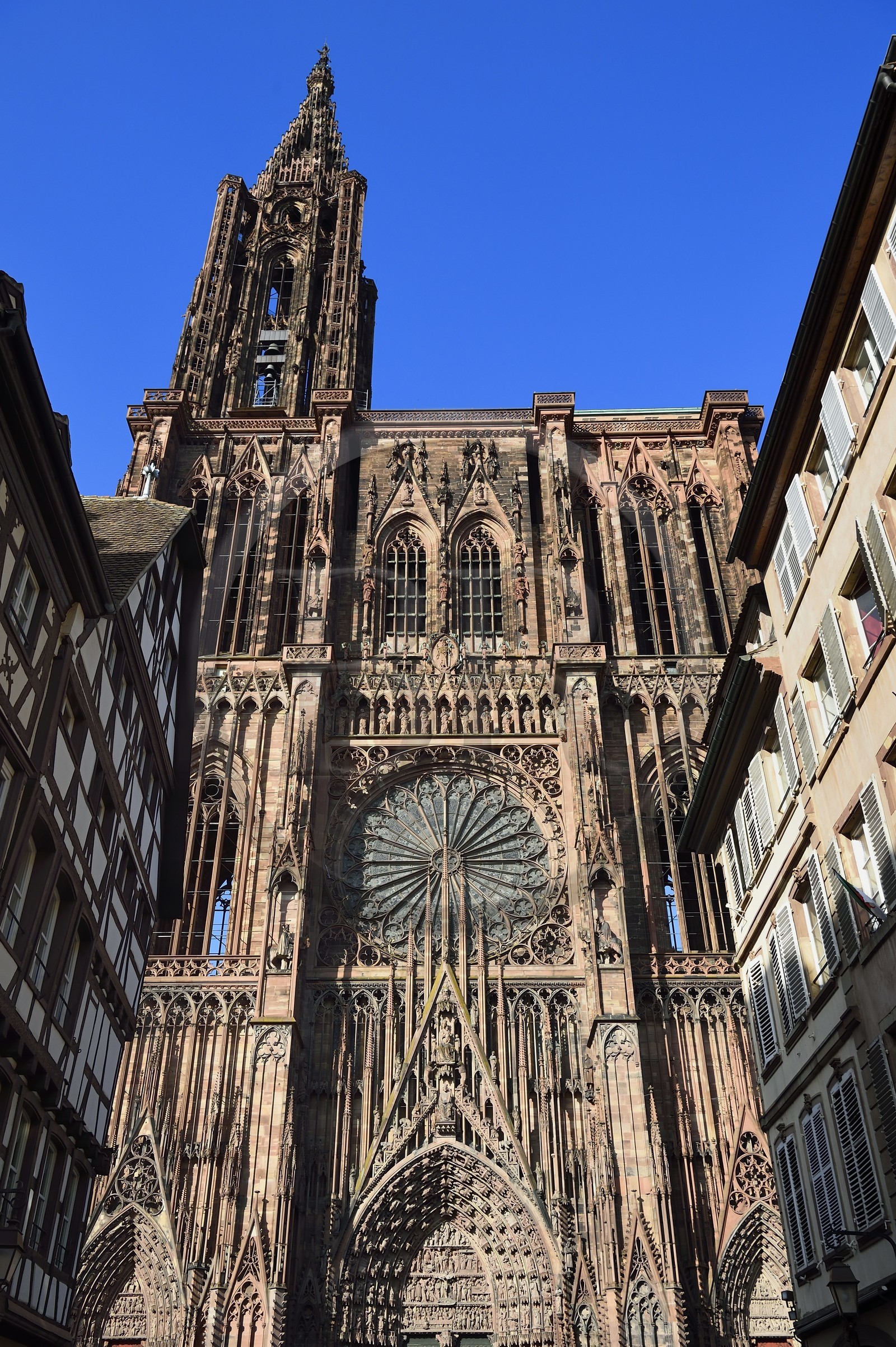 France, Bas-Rhin (67), Strasbourg, vieille ville classée au Patrimoine Mondial de l'UNESCO, la cathédrale Notre-Dame, la facade occidentale avec la grande rose