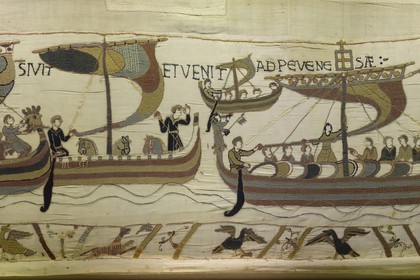 France, Calvados, Bayeux, tapestry museum, Bayeux tapestry, tapestry of Queen Mathilde listed as Memory of the World by UNESCO telling the story of England's invasion by William the Conqueror, drakkar
