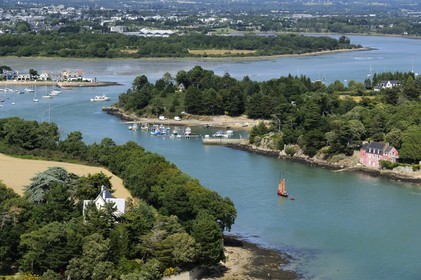 France, Morbihan, Gulf of Morbihan (Golfe du Morbihan), Vannes, Port Anna and presqu'ile de Conleau (Conleau's peninsula), a Sinagot traditional sailboat (aerial view)