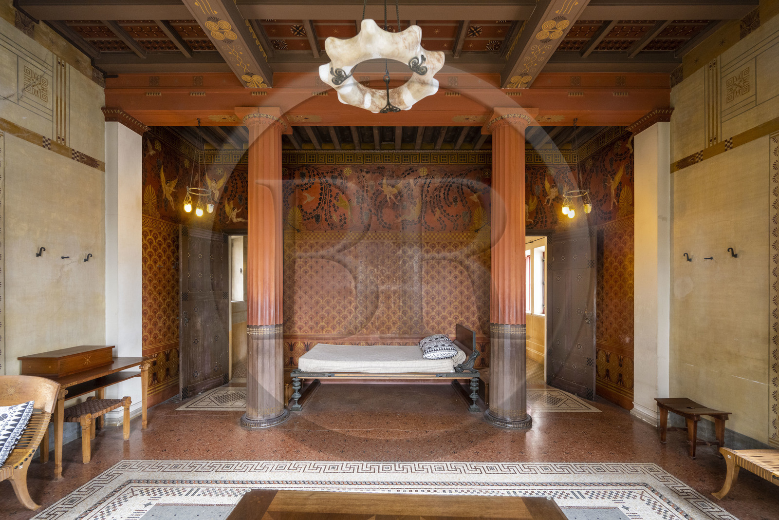 France, Alpes-Maritimes, Beaulieu-sur-Mer, neo-Greek style villa Kerylos build in 1908 by architect Emmanuel Pontremoli, bedroom of Théodore Reinach whose bed is a copy of a bed found in Pompei