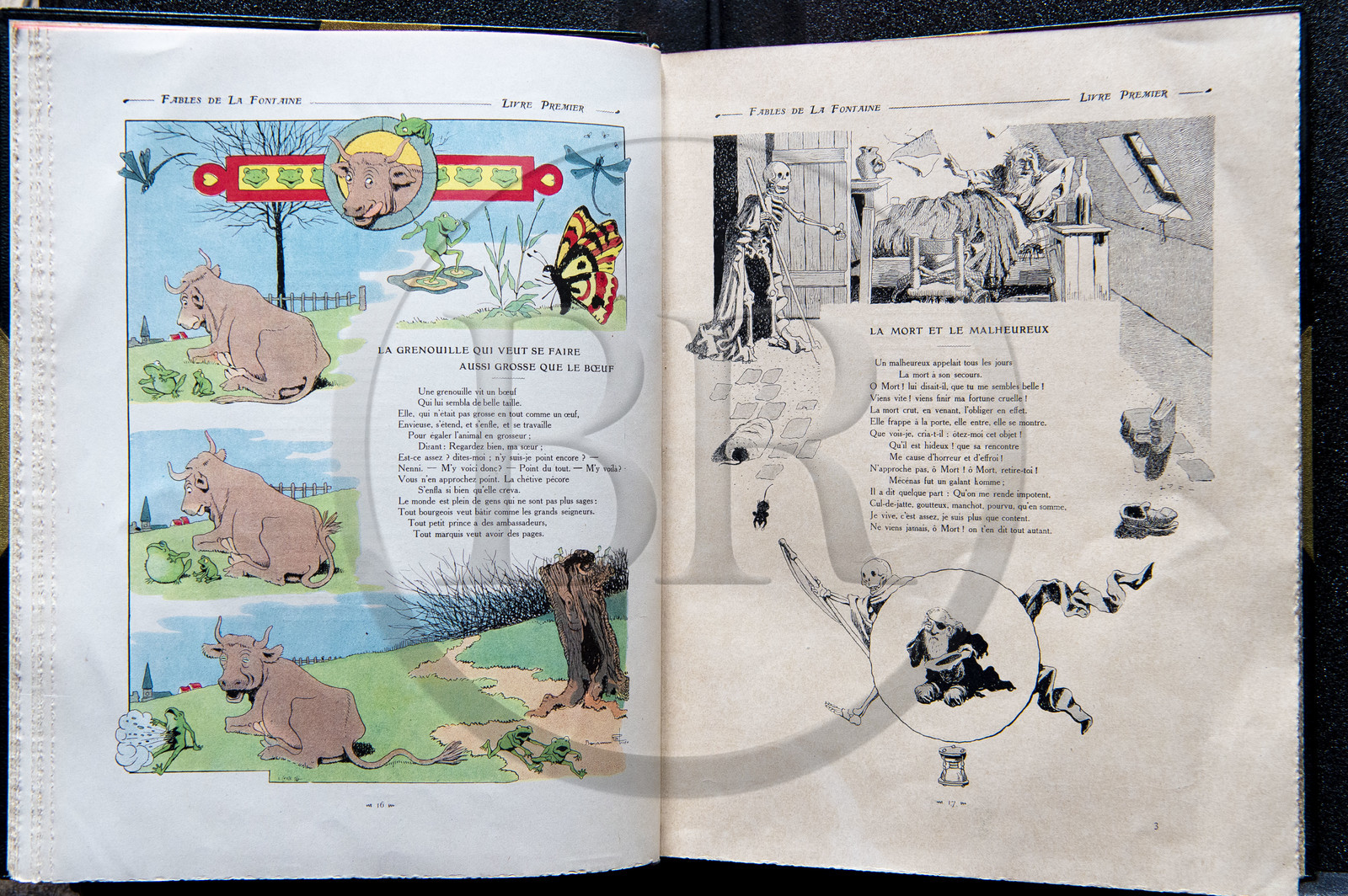France, Aisne (02), Château-Thierry, Musée Jean de La Fontaine - Ville de Chateau-Thierry, livre des Fables de La Fontaine illustrées par Benjamin Rabier, Edition Jules Tallandier, 1906, in-folio, La Grenouille qui se veut faire aussi grosse que le bœuf fable III du livre I